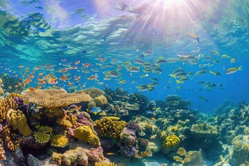 A multitude of fish gracefully swim over a vibrant coral reef, creating a captivating underwater scene, A vibrant coral reef teeming with marine life under crystal clear waters, AI Generated