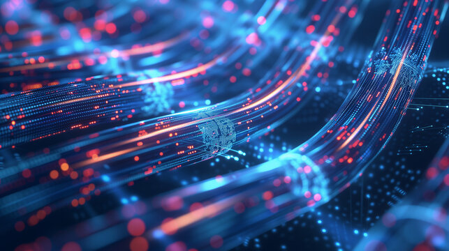 close-up of glowing blue and red fiber-optic cables with light points, representing high-speed data transmission and digital connectivity