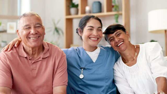 Happy, senior and couple hug with nurse on sofa for healthcare, support or trust together at home. Face of elderly man, woman and caregiver smile for embrace, care or nursing in living room at house