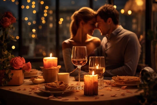 Candlelight dances on the surface of a romantic dinner table, creating an intimate ambiance that accentuates the connection between two souls. Concept of romantic candlelit moments. Generative Ai.