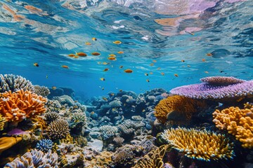 An Underwater View of a Colorful Coral Reef, A vibrant coral reef teeming with marine life under crystal clear waters, AI Generated