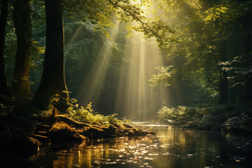 Fototapeta na wymiar A photographer captures the ethereal beauty of a light beam piercing through dense forest foliage, highlighting the enchanting allure of dappled sunlight. Generative Ai.