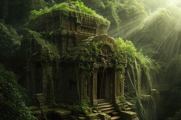 A stone building surrounded by dense trees in a vibrant jungle scene, A vine-covered ancient temple in a dense jungle, AI Generated - obrazy, fototapety, plakaty