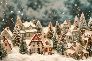 A snowy Christmas scene featuring a small town adorned with holiday decorations and lights, A...