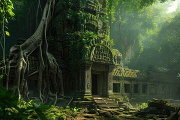 A tree has taken root on top of a building in the lush jungle, showcasing natures resilience, A vine-covered ancient temple in a dense jungle, AI Generated