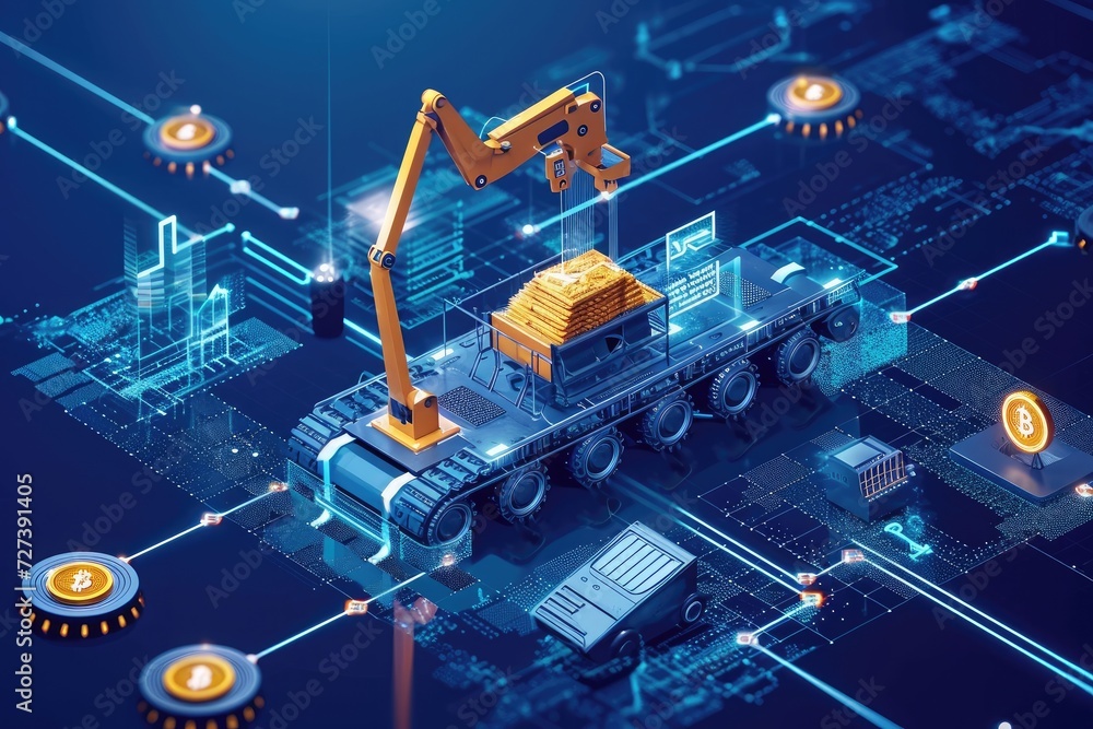Poster a machine sits atop a vibrant blue background, showcasing its mechanical features and design, a visu