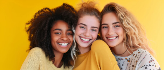 Obraz premium Radiant smiles unite diverse friends, exuding joy against a sunny yellow backdrop