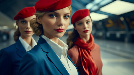 Photograph from the 70s of beautiful flight attendants in uniforms wearing red scarves and hats. Female flight attendants walking in an airport lounge.