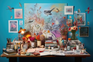 Abundant Floral Vases Adorn Tabletop, Step into a creative corner with books, a sketch-filled diary, colorful sticky notes, and a collection of writing tools, inspiring imagination, AI Generated