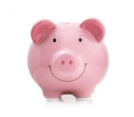 Pink pig money box. Money bank. Piggy bank. Coins and cash savings. Piggy bank isolated on white.Investment.Deposit.