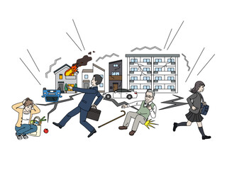 大地震が発生しパニックになる人々のイラスト © SENRYU