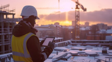 Side view photo of a man in a white helmet and yellow vest standing on a construction site roof with cranes, using a tablet - obrazy, fototapety, plakaty