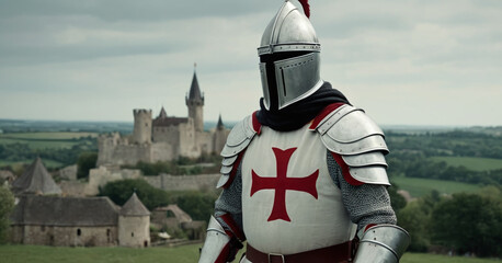Templar knight wearing an armor with a red Knights Templar cross  on it, medieval times with an army - obrazy, fototapety, plakaty