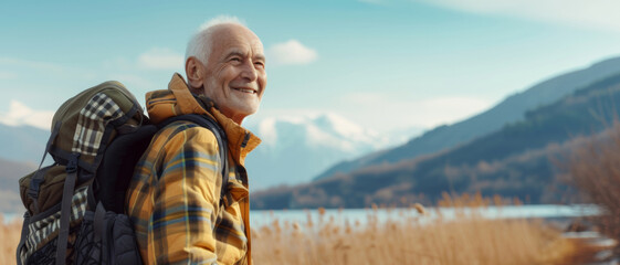 A serene elder adventurer with a backpack savors the mountain air, embodying the spirit of exploration at any age