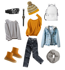 Winter,autumn female clothes set isolated on white.Women's clothing collection.Sweater,jeans and...