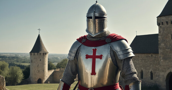 Chistian Knight Wearing An Armor With A Red Christian Cross On It, Medieval Times With An Army, Castle Village Or Town Background