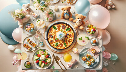 Top-down view of a spring baby shower brunch, featuring mini frittatas, caprese salad skewers, fruit platters, and non-alcoholic bellinis, with pastel and floral decorations