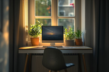 A small desk in a quiet nook of the house, providing a compact and peaceful work area. Concept of...