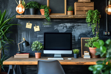 A home office with a chalkboard wall for brainstorming and project planning, encouraging creativity and organization. Concept of creative and functional home office elements. Generative Ai.