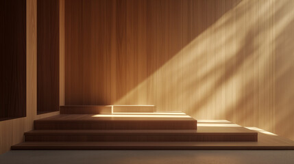 Wooden stairs with sunlight and shadow on the wall. 3d rendering