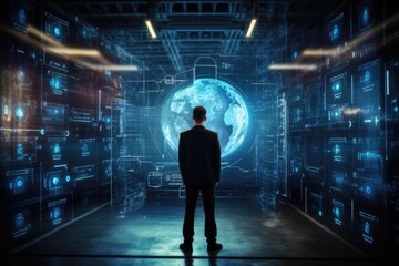 Man Standing in Front of Wall of Servers, The concept of cyber security, data protection, business technology, and privacy is presented on a virtual screen, AI Generated