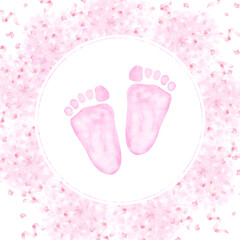 Pink round frame, little girl footprints. Hand drawn watercolor illustration isolated on white background. Gender reveal party, baby shower, newborn products. Template for invitation, postcard, logo
