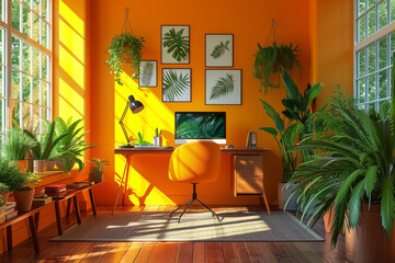 A brightly colored home office, using vibrant hues to stimulate energy and creativity. Concept of color psychology in home office design. Generative Ai.