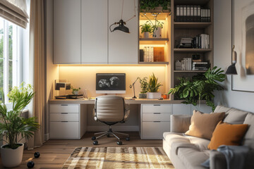A compact home office in a studio apartment, utilizing space-saving furniture and smart storage. Concept of efficiency in small-space home office design. Generative Ai. - obrazy, fototapety, plakaty