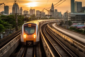 A vibrant yellow and white train is seen traversing across a set of train tracks, The high-speed train in Bangkok, Thailand, races through the city, AI Generated