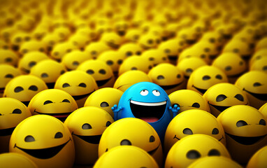 Stand Out in Unity: Blue Smiling Figure Among Rows of Yellow Men