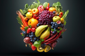 Naklejka na ściany i meble Assorted Collection of Fresh Fruits and Vegetables for a Healthy Diet, The human brain is depicted with colorful fruits and vegetables, representing a brainstorm concept in 3D rendering, AI Generated