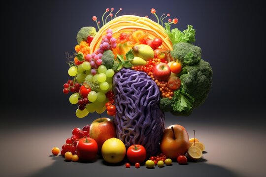 A variety of different fruits and vegetables arranged on a table, The human brain is depicted with colorful fruits and vegetables, representing a brainstorm concept in 3D rendering, AI Generated
