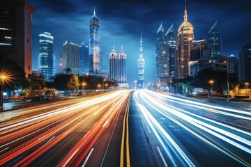 Fototapeta na wymiar A city street with heavy traffic and bright lights, bustling with cars and buses at night, The light trails on a modern building background in Shanghai, China, AI Generated