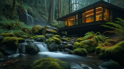 Beautiful modern open concept house built into the natural environment of cascading water and mossy boulders in the Pacific Northwest rain forest