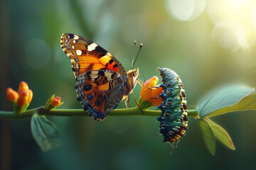 An animation illustrating the lifecycle of a butterfly, from caterpillar to chrysalis to butterfly....