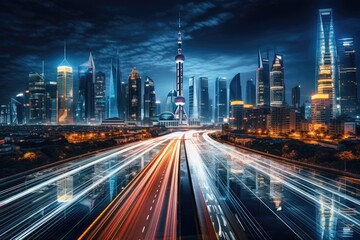Fototapeta na wymiar Nighttime City Skyline With Captivating Long Exposure Effect, The Shanghai city skyline and expressway at night in China form a captivating urban landscape, AI Generated
