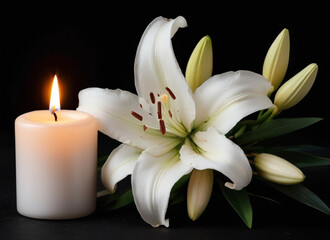 white lily and burning candle mourning concept background