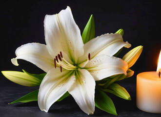 white lily and burning candle mourning concept background