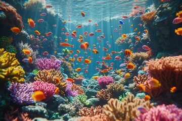 A digital animation depicting the bustling activity of a coral reef. Concept of marine life's diversity and vibrancy. Generative Ai.