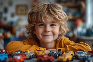 A joyful young boy is surrounded by a sea of toy cars, his face beaming with pure happiness and excitement as he plays indoors with his colorful lego collection