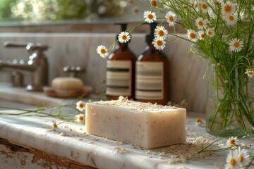 A delicate bouquet of flowers rests beside a bar of creamy cheese on a rustic wooden table, surrounded by bottles of milk and a potted plant, creating a cozy indoor scene that evokes feelings of warm