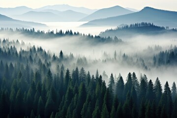 A serene forest filled with dense trees covered in fog creates a captivating atmosphere, Thick fog covering a dense coniferous forest, seen from a bird's eye view, AI Generated