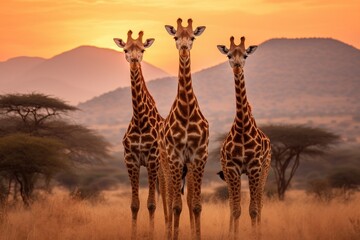 Three majestic giraffes stand tall in a wide open field, silhouetted against a breathtaking sunset, Three giraffes in Serengeti National Park, Tanzania, grace the landscape, AI Generated