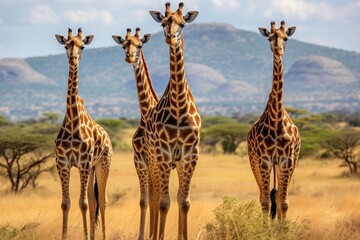 Group of Giraffes Standing in a Field, Three giraffes in Serengeti National Park, Tanzania, grace the landscape, AI Generated