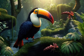 A stunning toucan sits majestically on top of a lush and thriving green forest, Toucan spotted in the jungle, showcasing tropical birds in their natural habitat, AI Generated