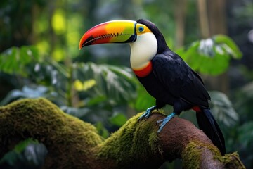 Obraz premium A vibrant toucan sits elegantly on a sturdy branch amidst the lush greenery of the jungle, Toucan spotted in the jungle, showcasing tropical birds in their natural habitat, AI Generated