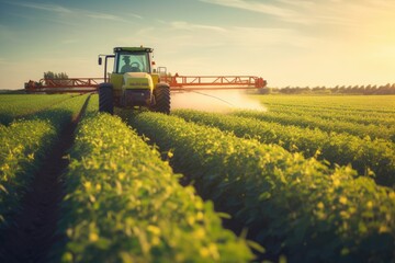 A tractor is seen spraying pesticide on a vivid green field, Tractor spraying pesticides fertilizer...