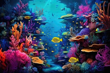 Fototapeta na wymiar A captivating painting showcasing a vibrant underwater world teeming with fish and corals, Tropical coral reefs and marine life with colorful fishes, AI Generated