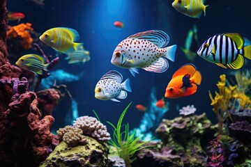 Group of Fish Swimming in an Aquarium, A Captivating Underwater Display, Tropical fish showcased in an aquarium, providing a glimpse into the underwater world, AI Generated