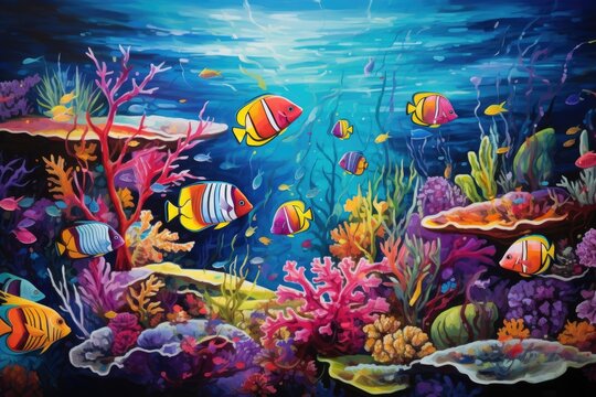 A visually captivating painting depicting a vibrant underwater scene teeming with colorful fish and corals, Tropical coral reefs and marine life with colorful fishes, AI Generated